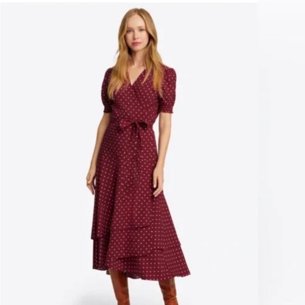 Draper James burgundy polkadot high, low wrapped dress. Size 2